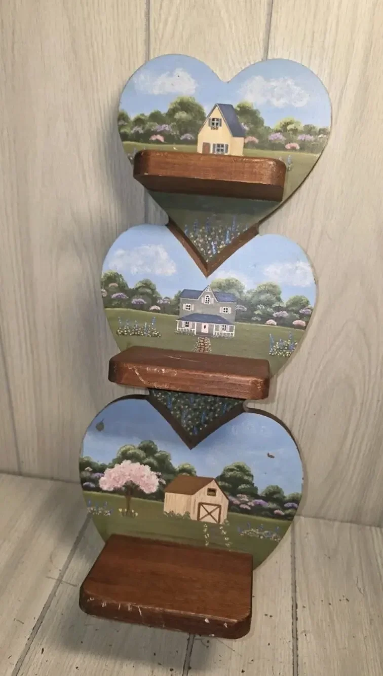 Vintage Handpainted Wood Triple Heart Shelf Country Cottage Scene Beautiful